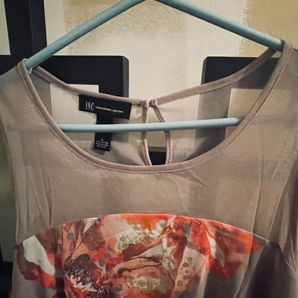 NWOT - INC International Concepts Grey Floral Tank w/ beautiful sequence - Large - Picture 10 of 11